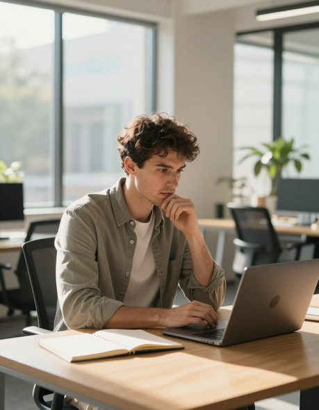 Person working on a laptop at a sunlit office desk, with notebook and pensive expression.