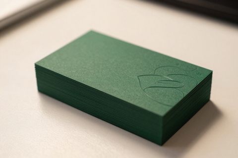 Stack of green business cards on a light surface