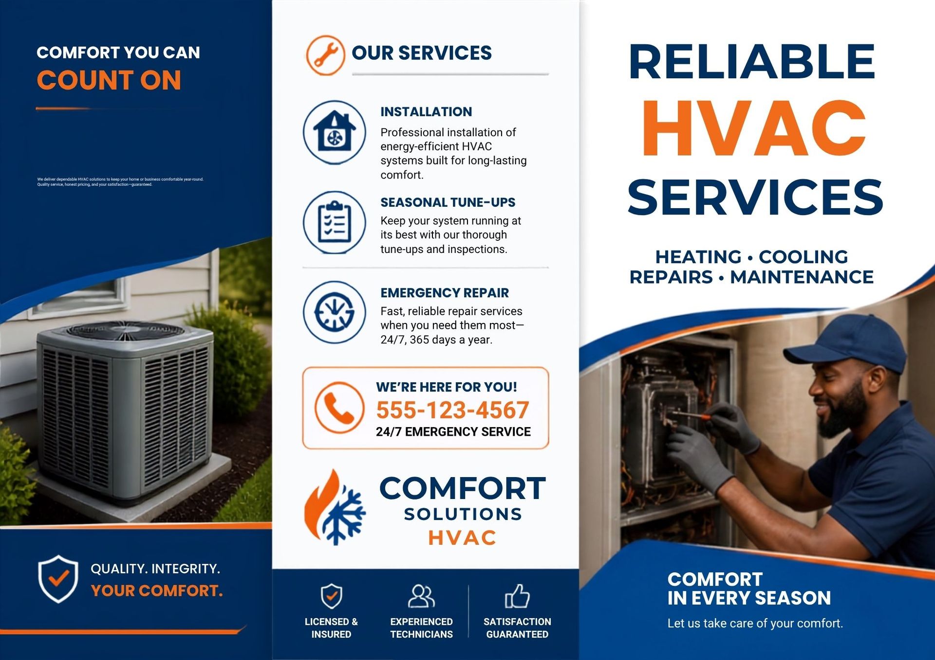 HVAC service flyer with blue-and-orange branding, technician working, and heating, cooling, repair, maintenance text