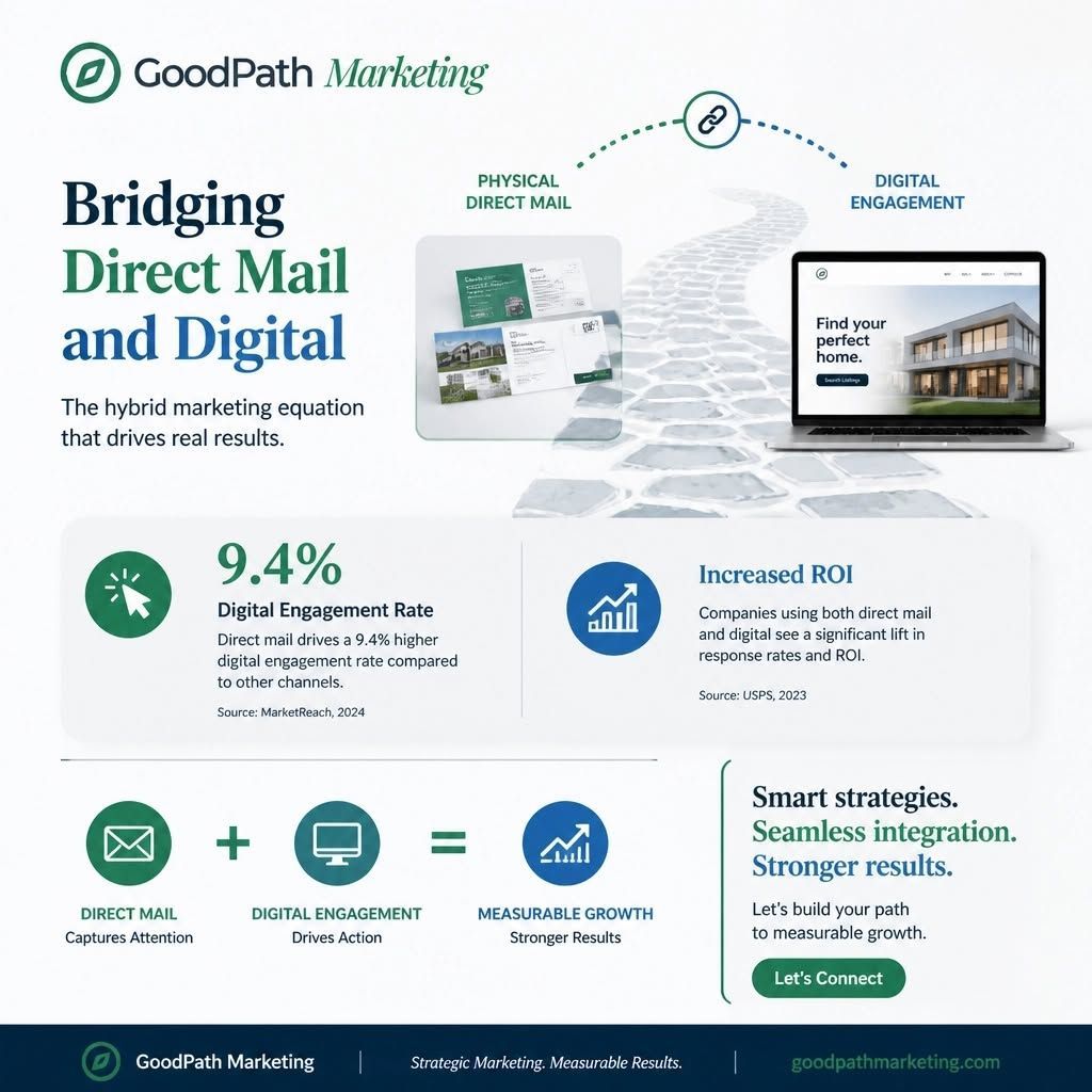 GoodPath Marketing ad: “Bridging Direct Mail and Digital” with laptop, mailer, and ROI icons on white background