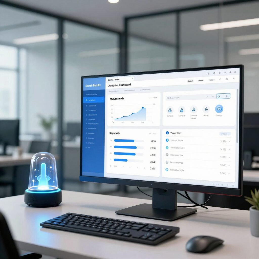 Office desk with monitor showing analytics dashboard, keyboard, mouse, and glowing blue desktop device