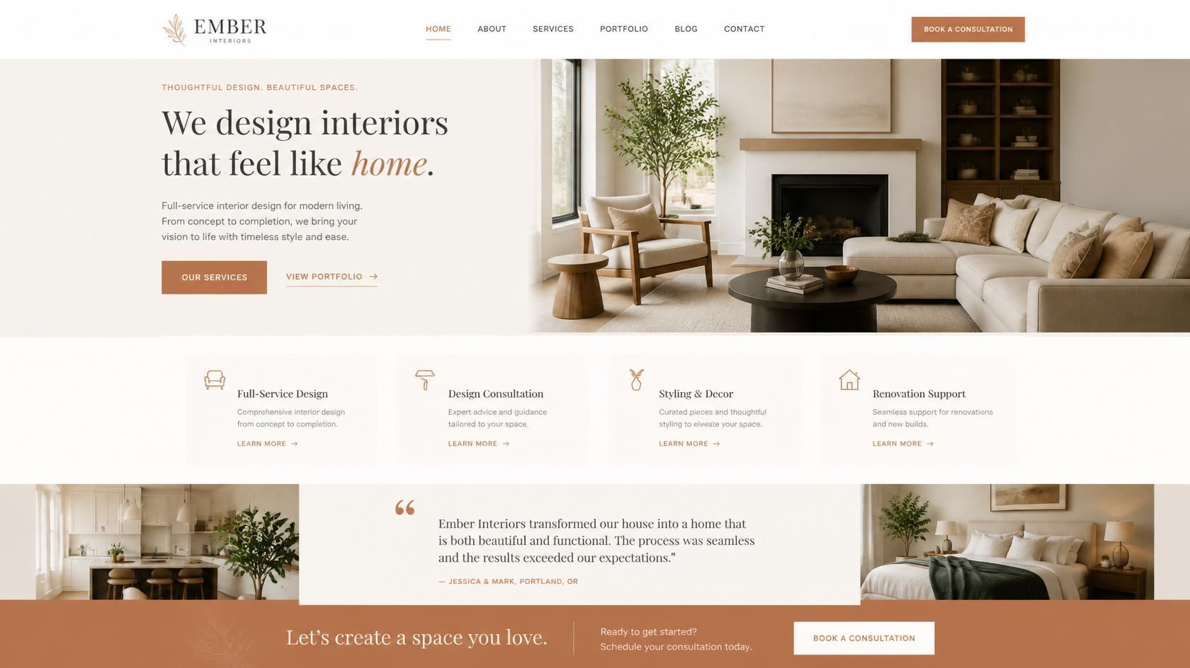 Interior design website homepage with warm beige living room, fireplace, and service sections