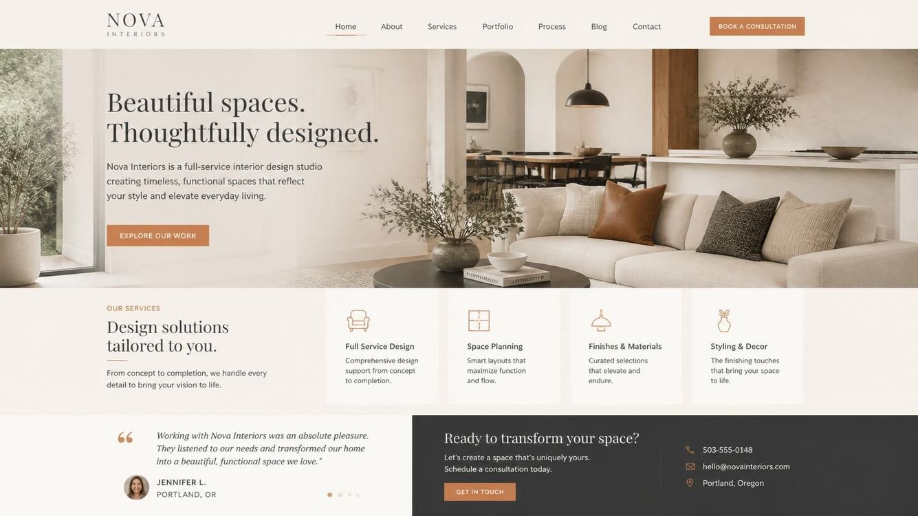 Modern minimalist website showing a living room with neutral sofa, wood accents, and promotional text overlay