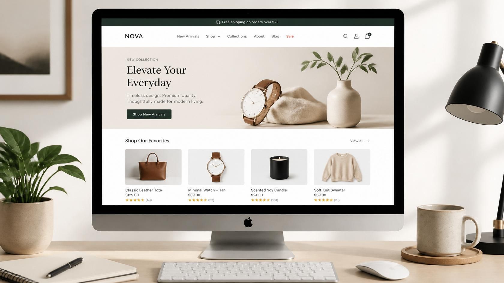Desktop monitor showing a minimalist e-commerce storefront with home decor and accessories products