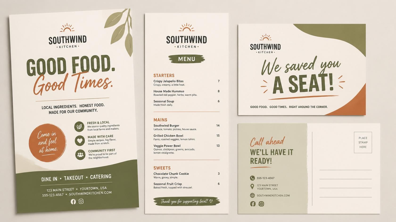 Three Southland food event flyer designs in cream, green, and orange with menu, title, and seat-saving message