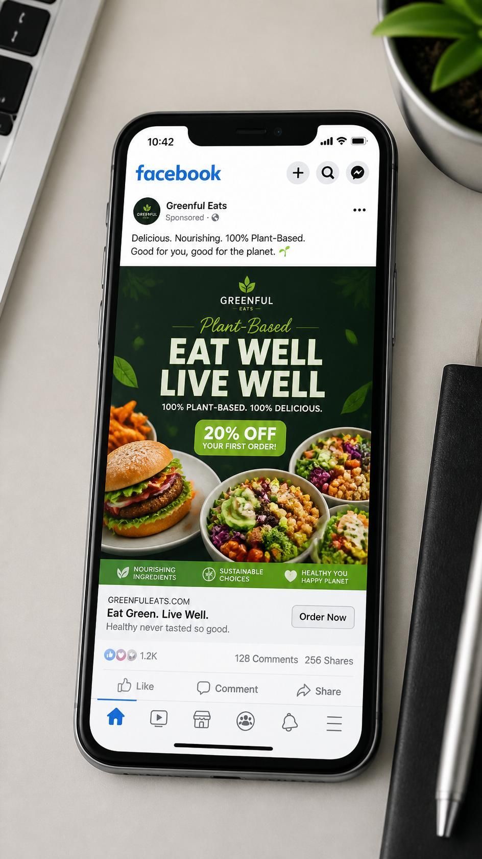 Smartphone displaying a Facebook food ad with burgers and salad, reading “EAT WELL LIVE WELL.”