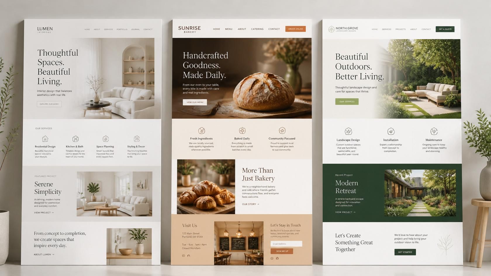Three minimalist website mockups with photos, text blocks, and neutral beige, brown, and green layouts.
