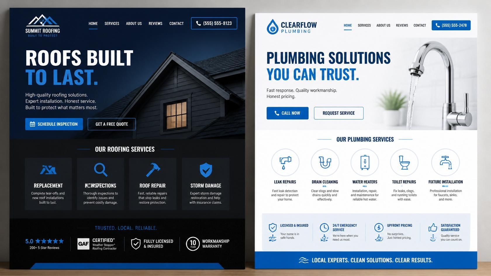 Side-by-side roofing and plumbing service ads with dark and light layouts, tools, and house images