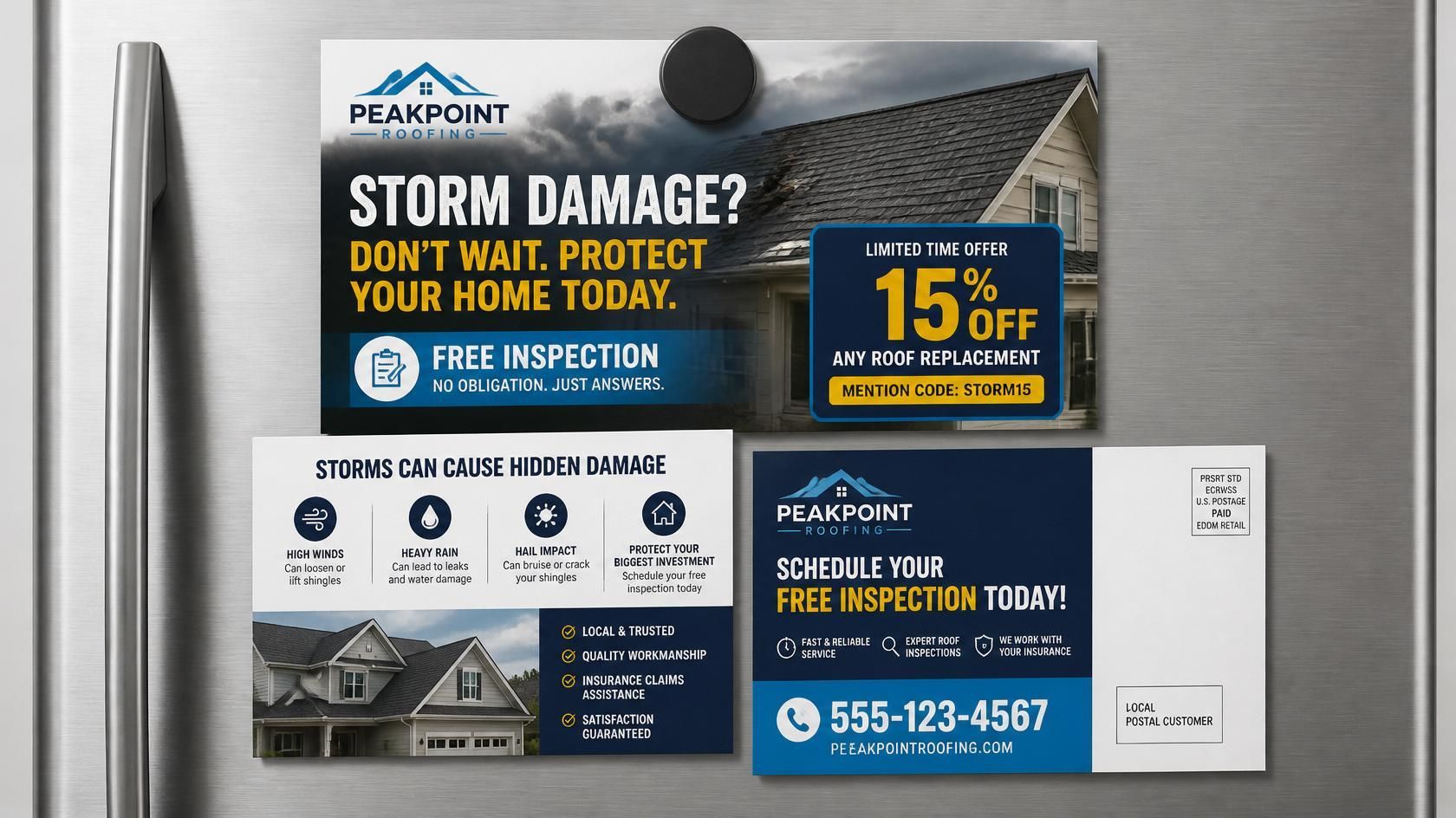 Storm damage insurance flyer and business card with blue-and-gold promotion on a gray surface