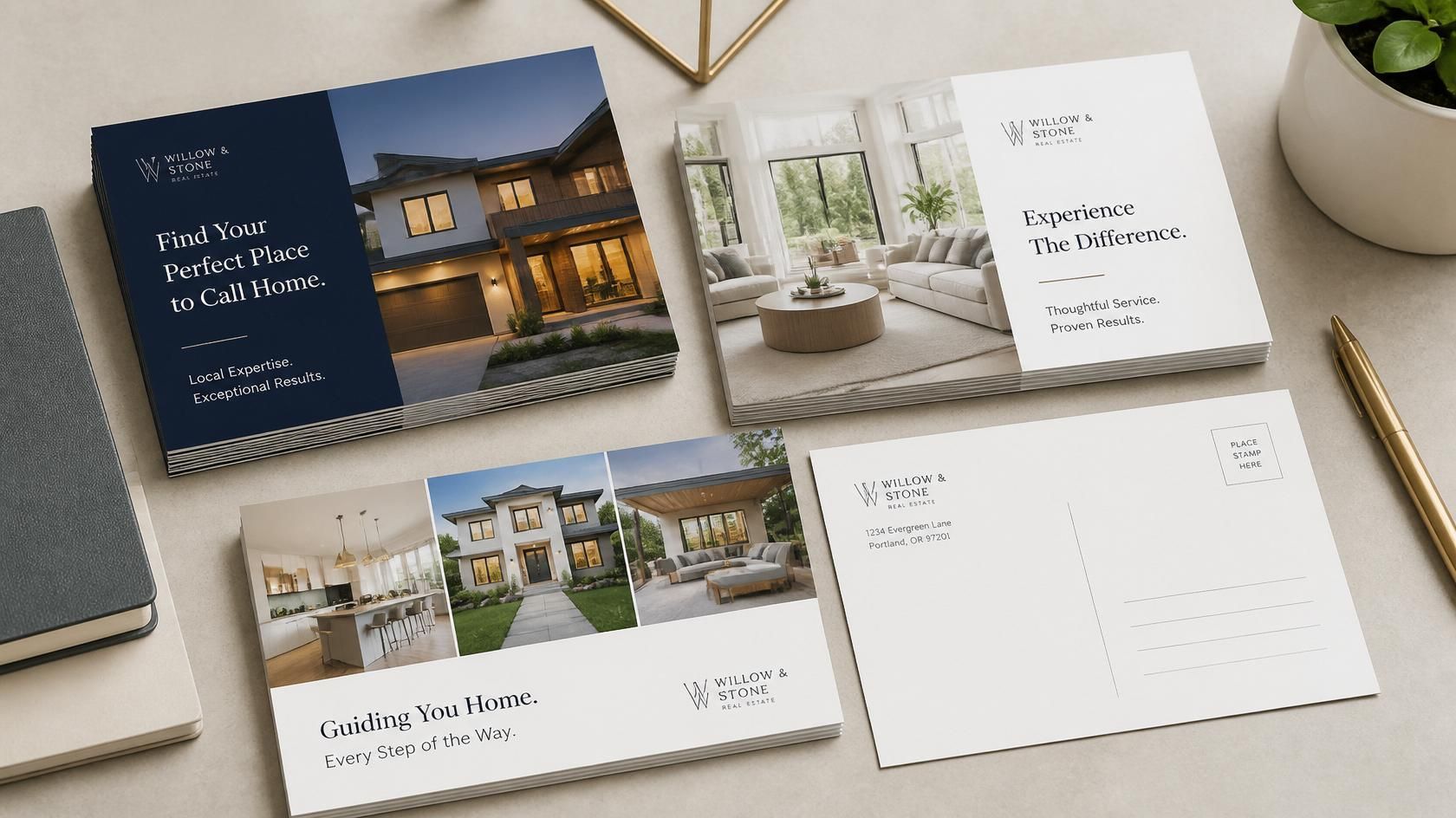 Real estate brochure and calendar cards arranged on a desk with a pen and notebook