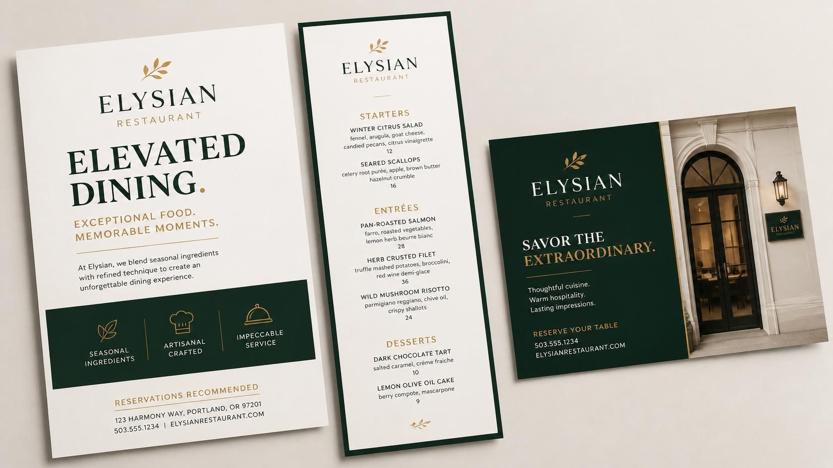 Luxury event stationery set with cream and dark green wedding invitations, menus, and a folded card.