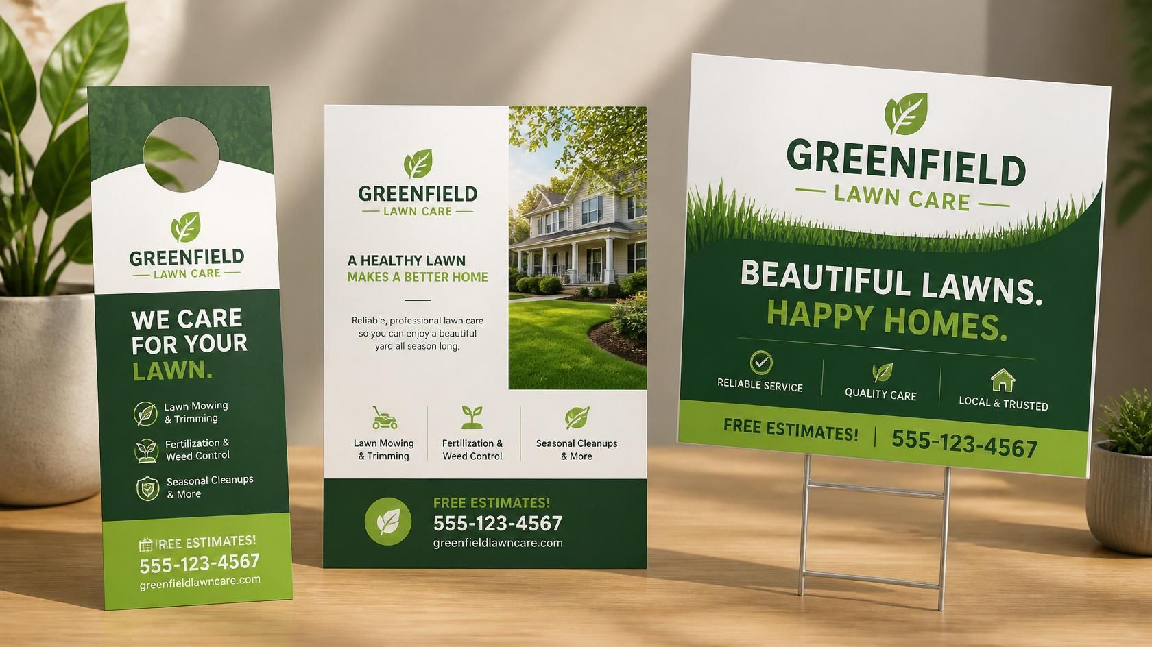 Three Greenfield Lawn Care yard signs on a wooden surface with green branding and house-and-lawn photos
