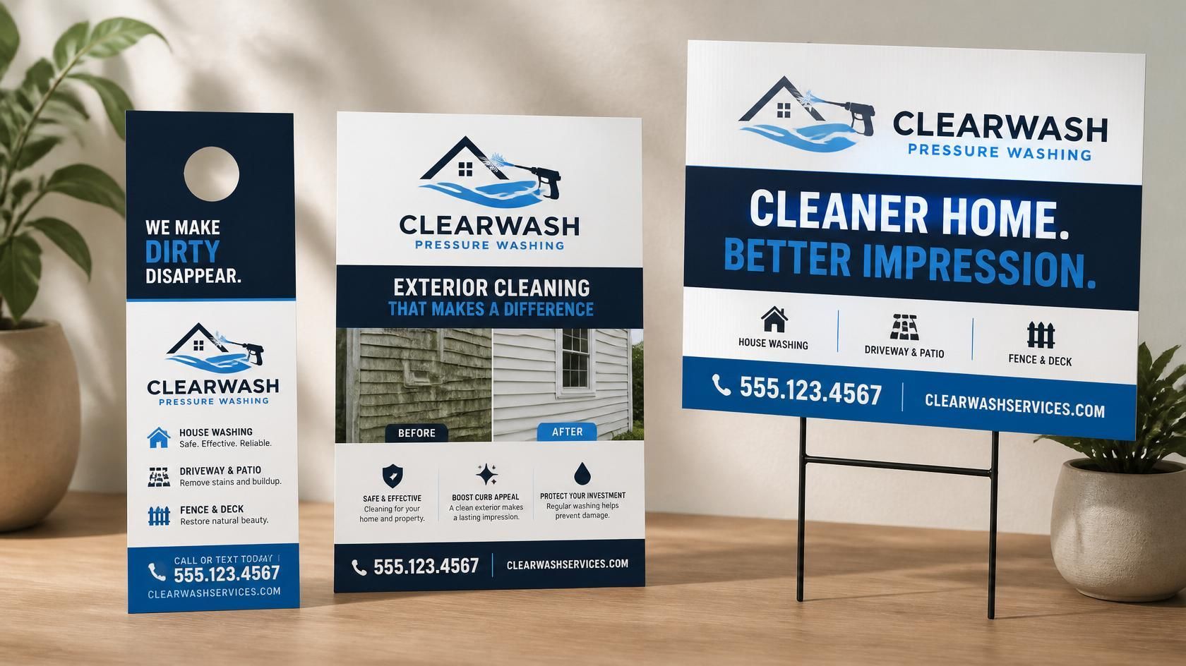 ClearWash yard signs and a banner for home cleaning services, blue and white, on a table and easel.