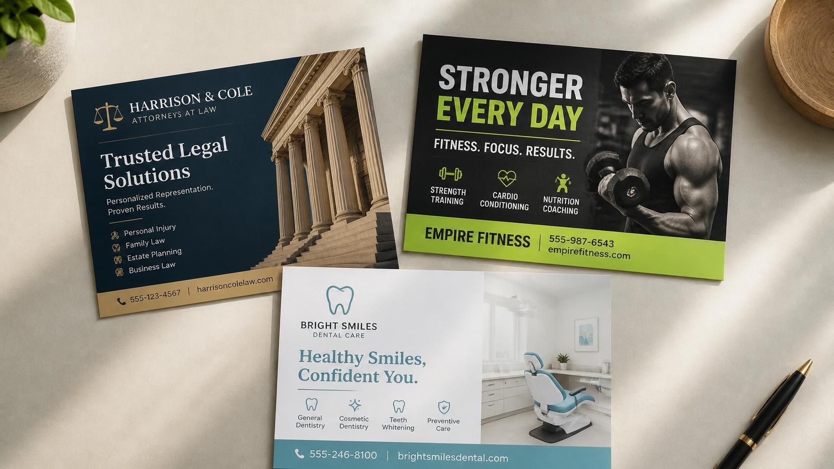 Three decorative product cards on a light surface, including one that reads “Stronger Every Day” and a black pen.