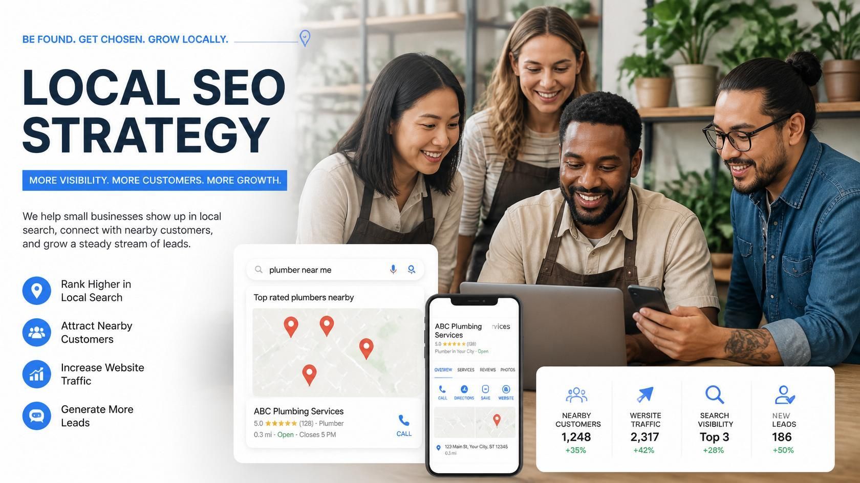 Local SEO strategy promo with team, map pins, and analytics dashboard on a blue website banner
