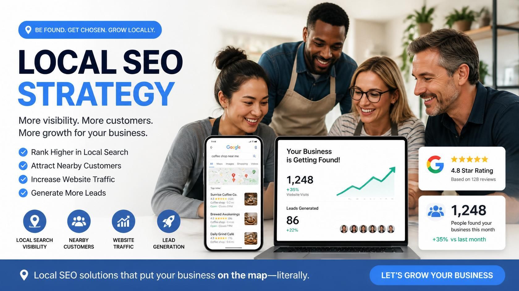 Local SEO strategy graphic with business team, analytics dashboard, and map pins on a blue background