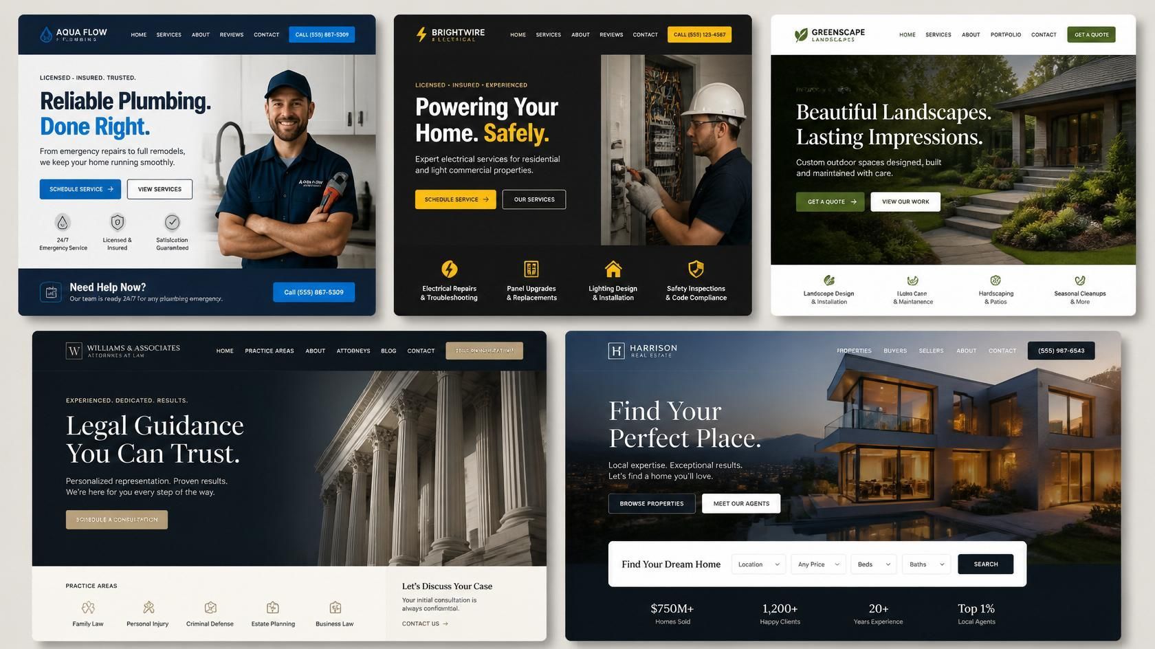 Collage of six plumbing website homepage designs with dark and light hero sections and call-to-action buttons
