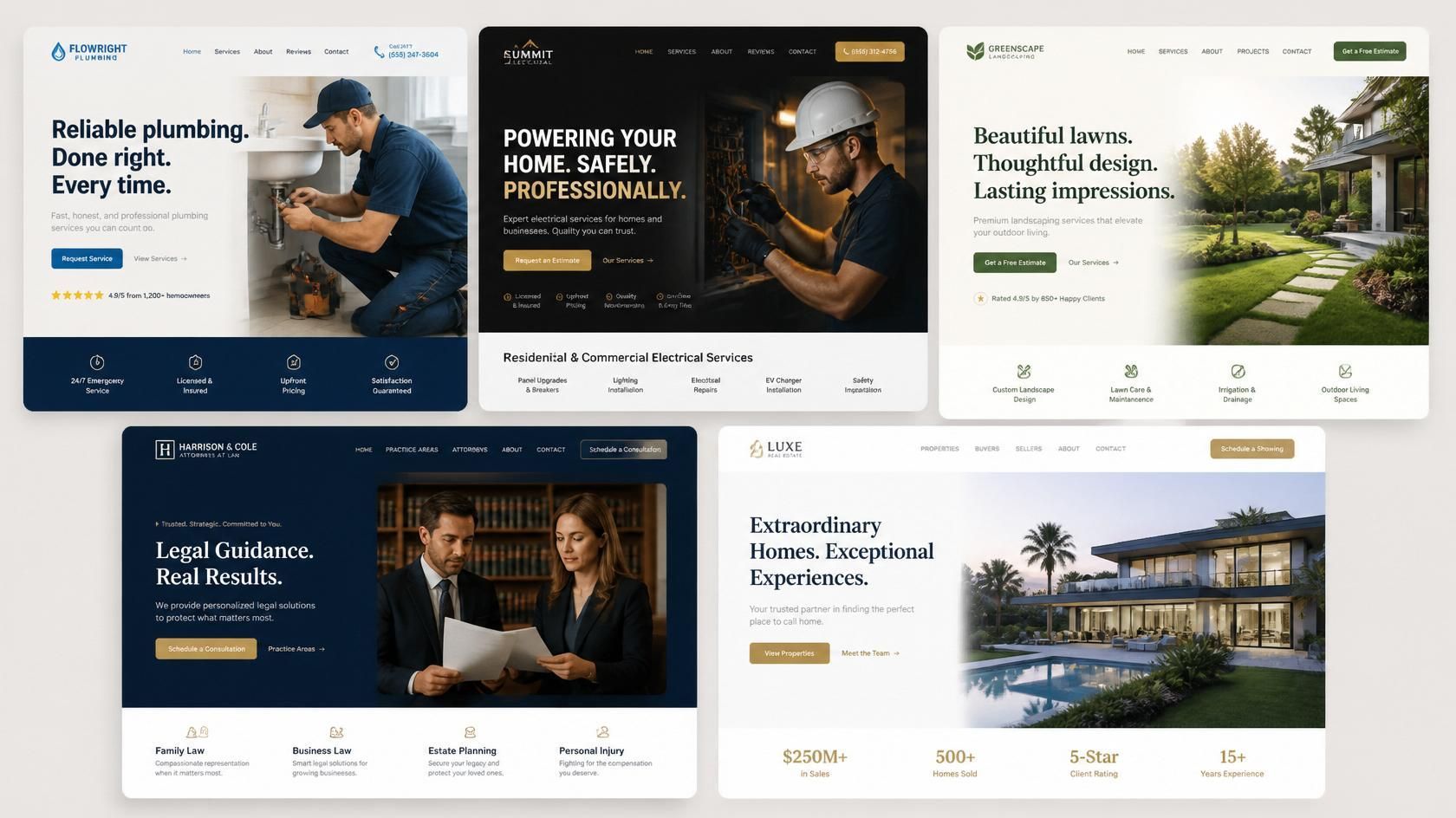 Collage of five modern website homepage mockups with dark blue and cream sections, hero photos, and gold accents