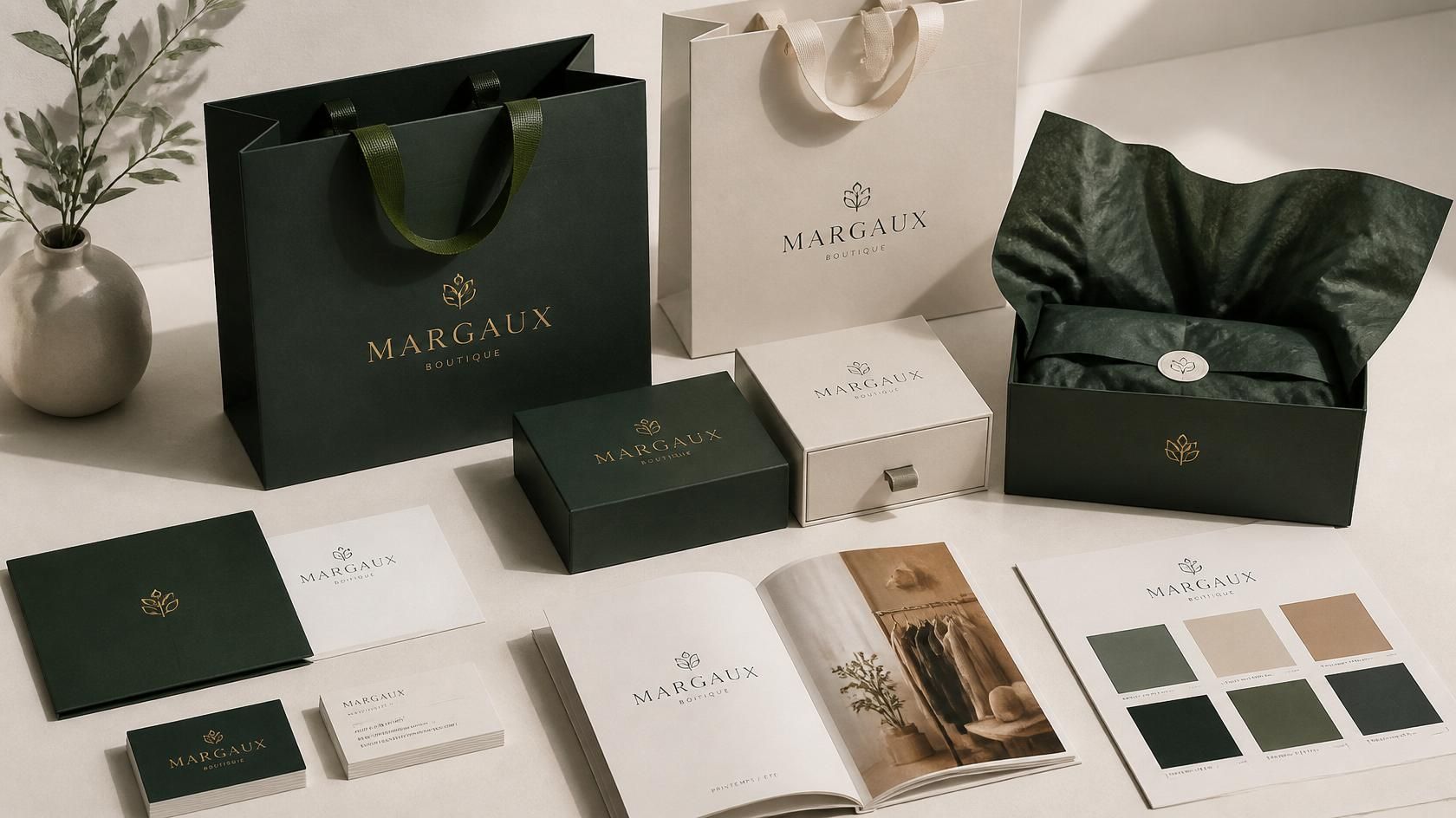 Luxury green-and-cream packaging set with shopping bags, boxes, cards, and a folded booklet on a table