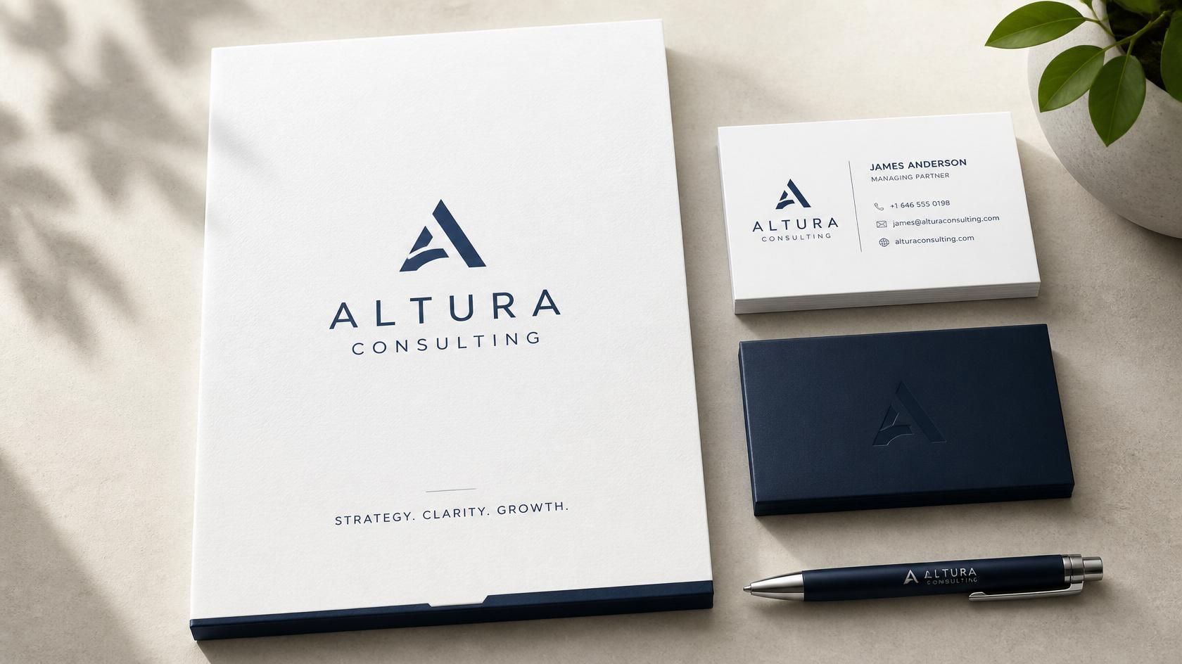 Altura Consulting stationery set with white and navy cards, notebook, and pen on a light surface