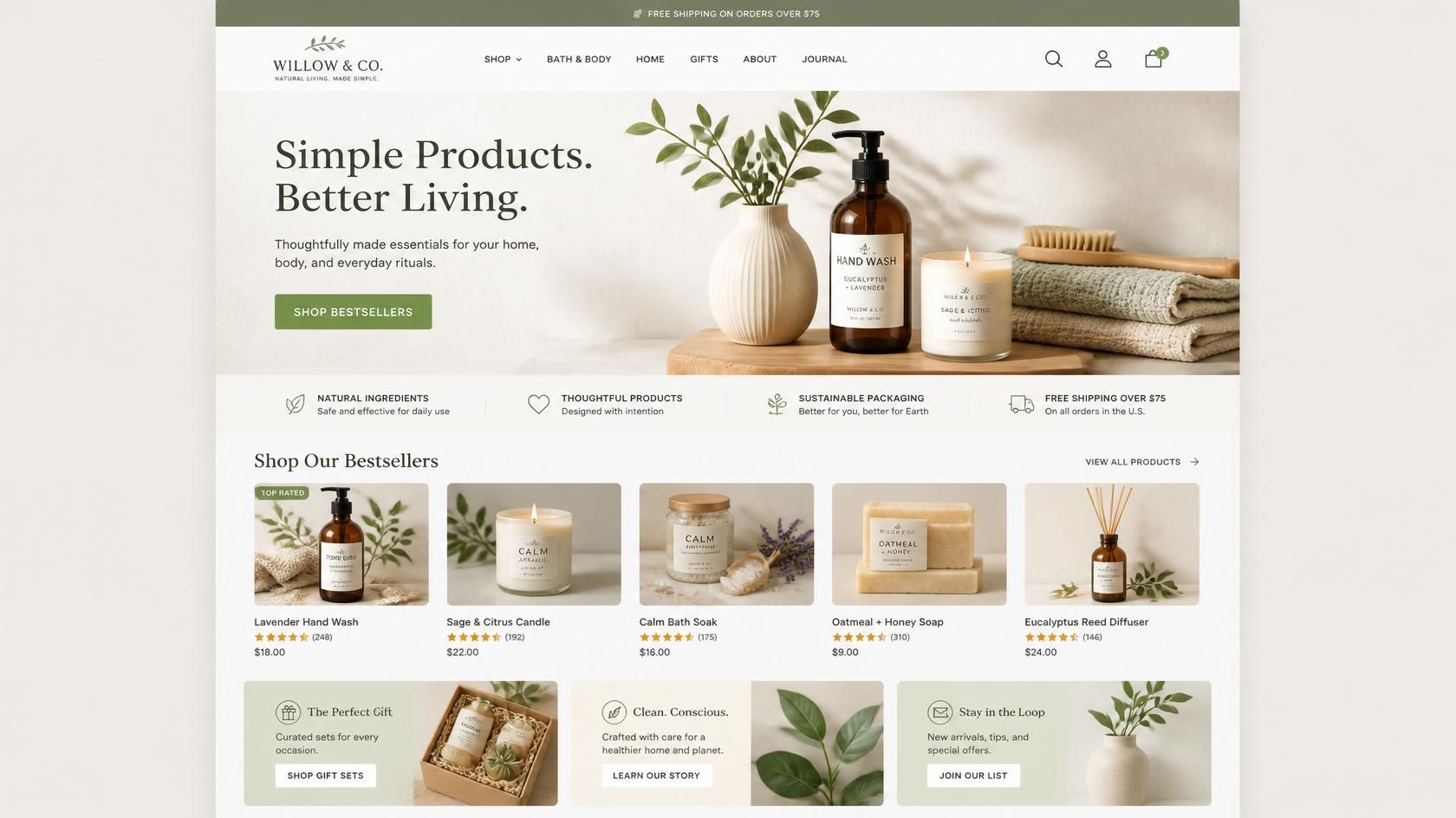 Natural skincare homepage with beige bottles, green leaves, and the slogan “Simple Products. Better Living.”