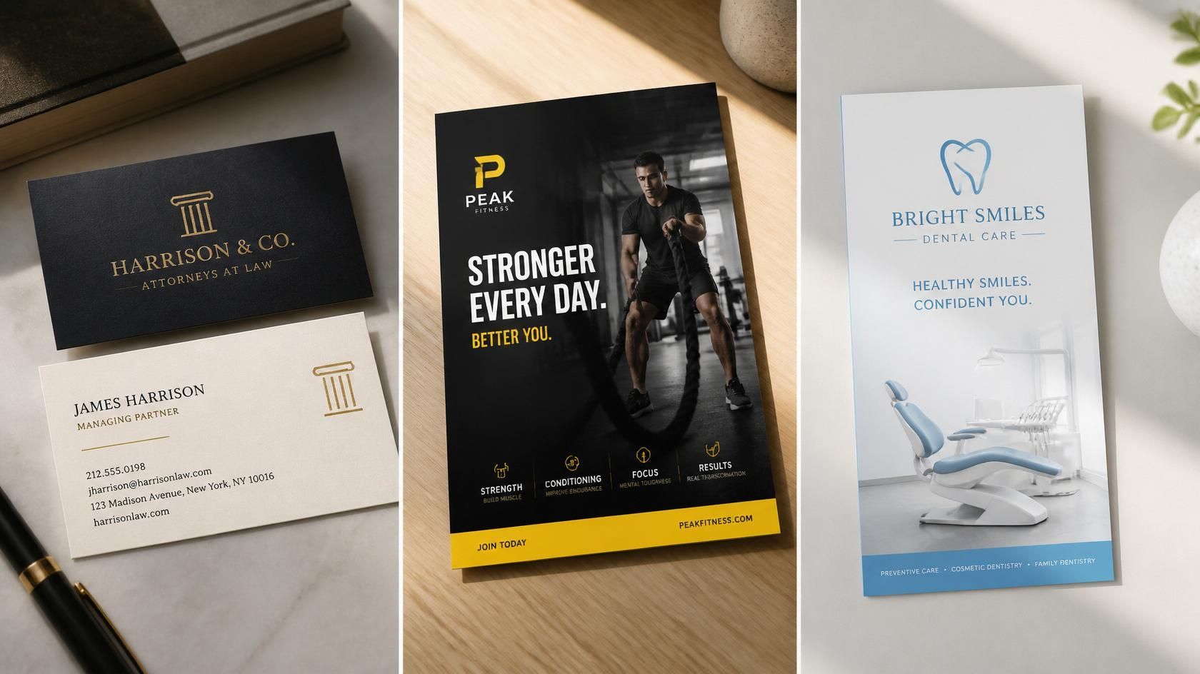Three dental brochure cards in black, yellow, and blue with tooth logos and clinic branding.