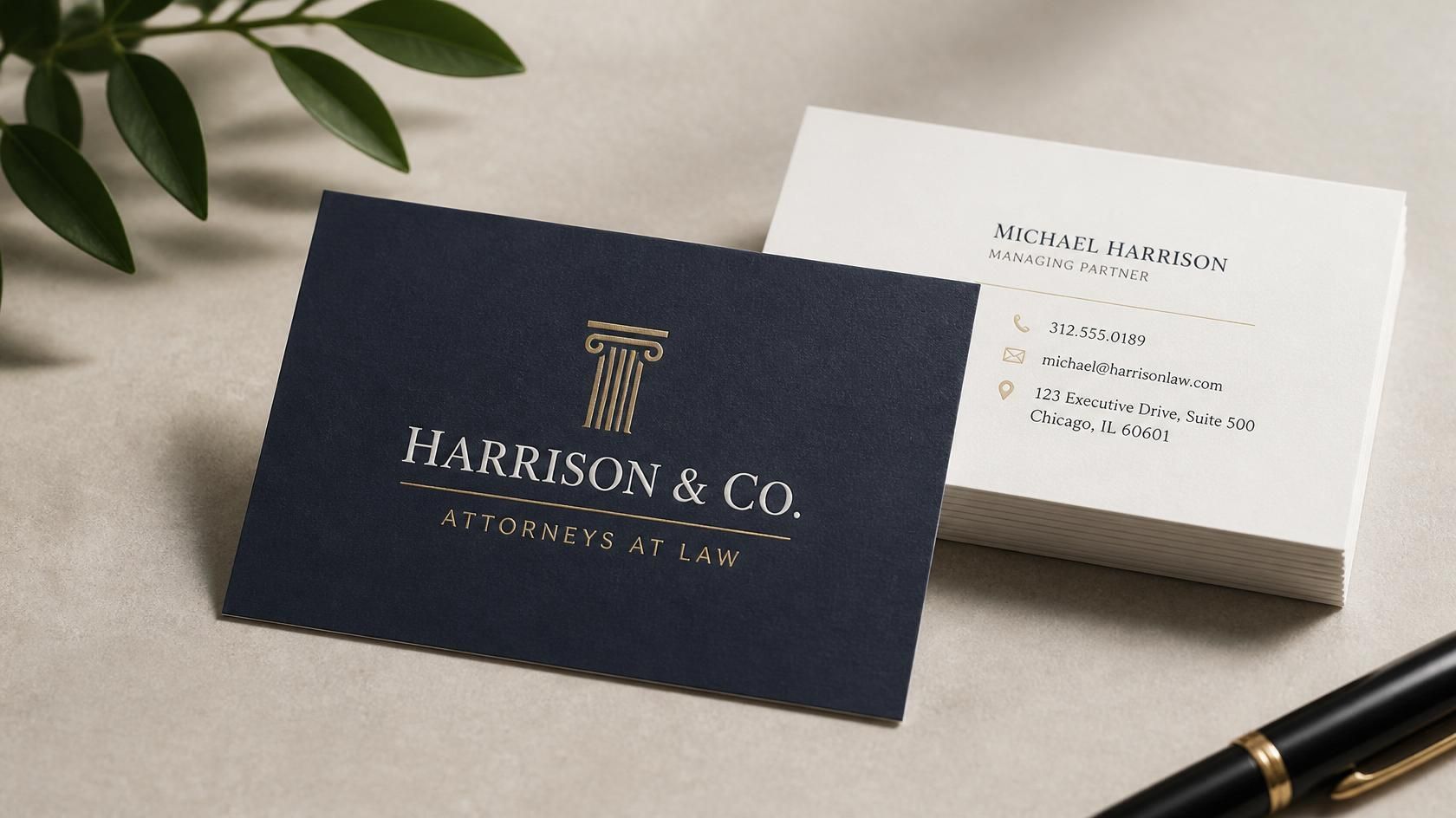 Harrison & Co. navy and white business cards on a beige surface with a gold pen