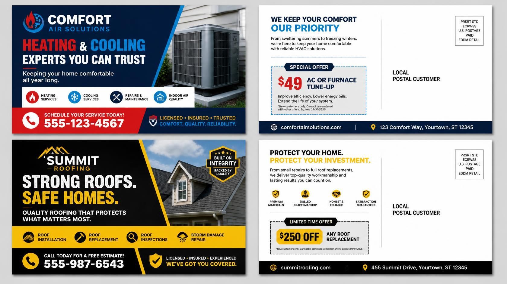HVAC and roofing ads with blue, yellow and white layouts, showing services, offers and contact details