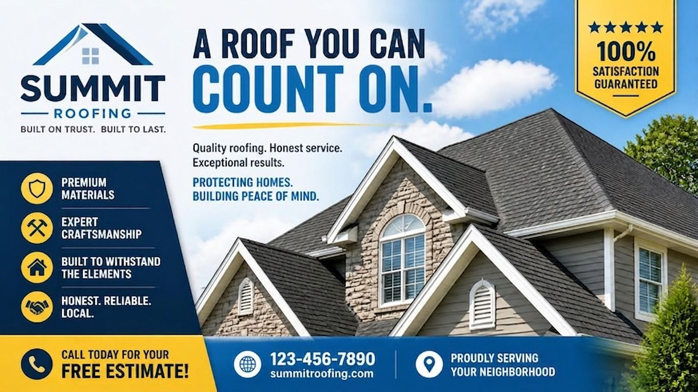 Summit Roofing ad with blue roof logo, house roof photo, and “A roof you can count on” plus free estimate info