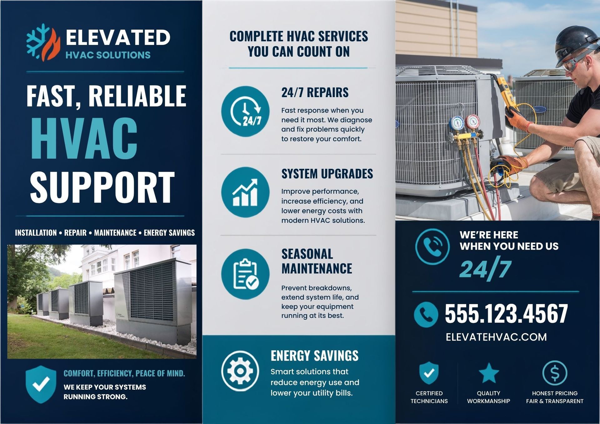 HVAC service flyer with technician, blue panels, 24/7 support, repairs, upgrades, and maintenance info