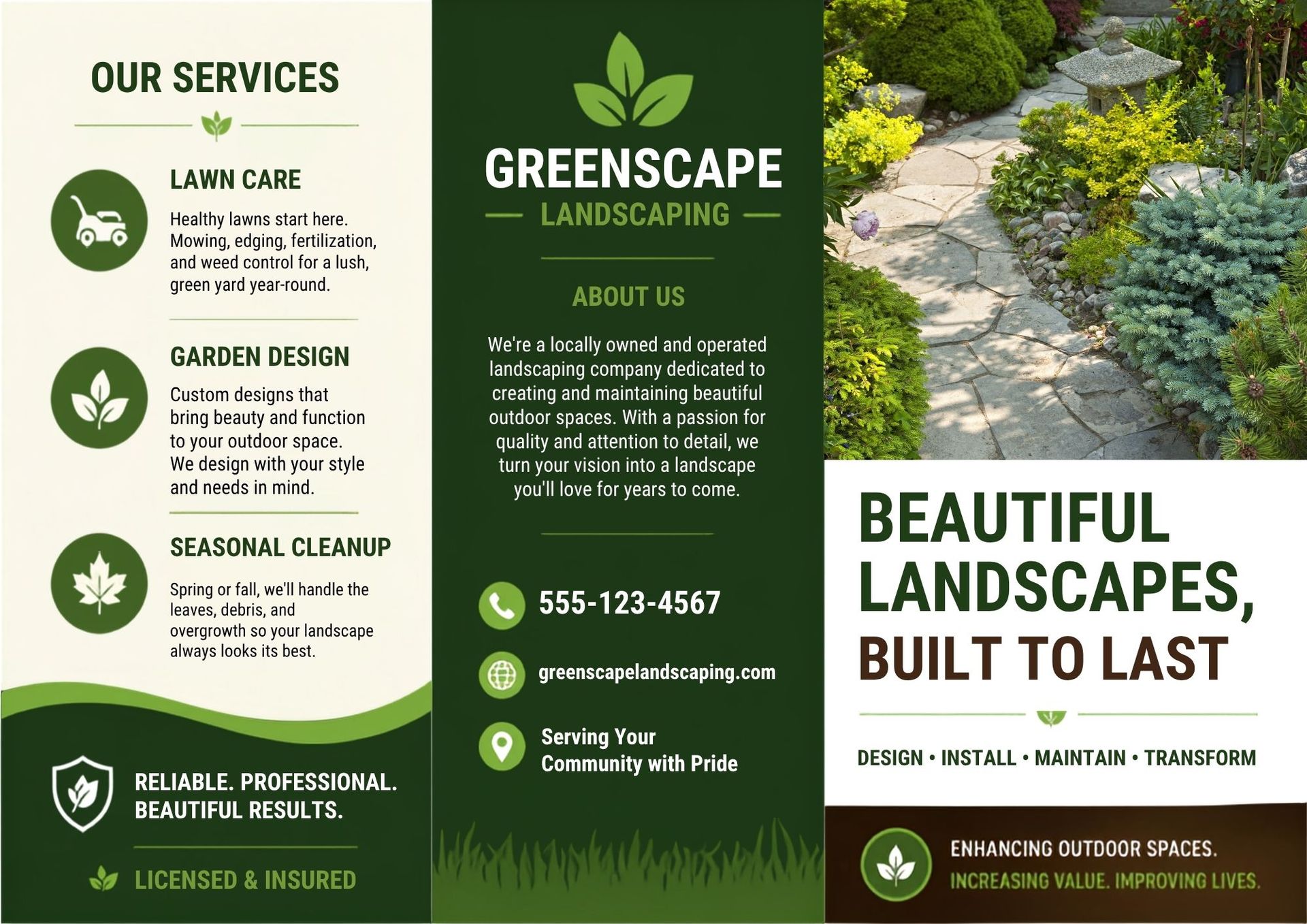 GreenScape Landscaping flyer with services, contact info, and a garden path photo; “Beautiful landscapes, built to last.”