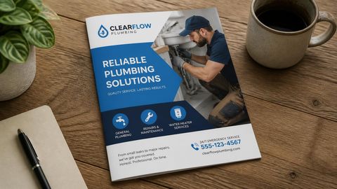 Plumber brochure on a wooden desk beside a coffee mug and notebook, titled “Reliable Plumbing Solutions”