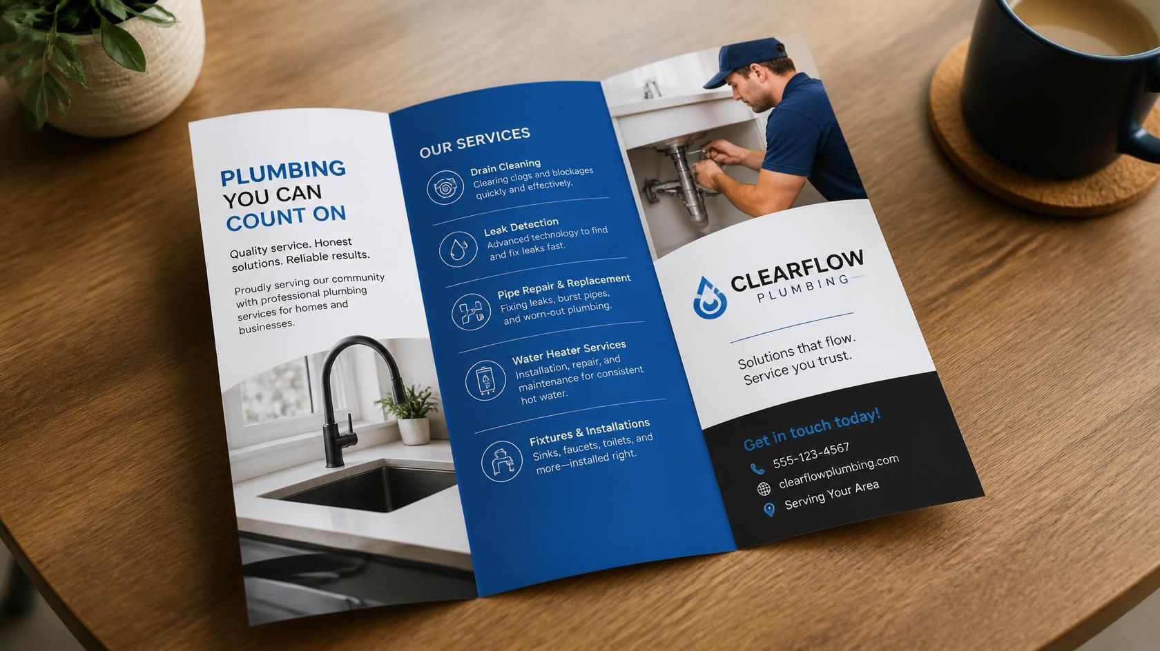 Blue plumbing company tri-fold brochure on a wooden table with sink, text, and logo.