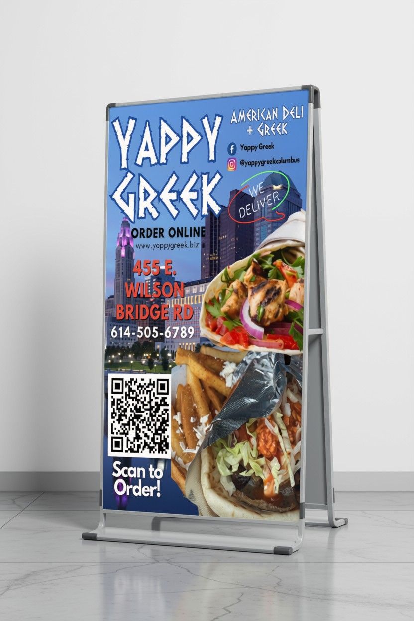 Yappy Greek street food sign with menu photos, phone number, and QR code on a sidewalk stand