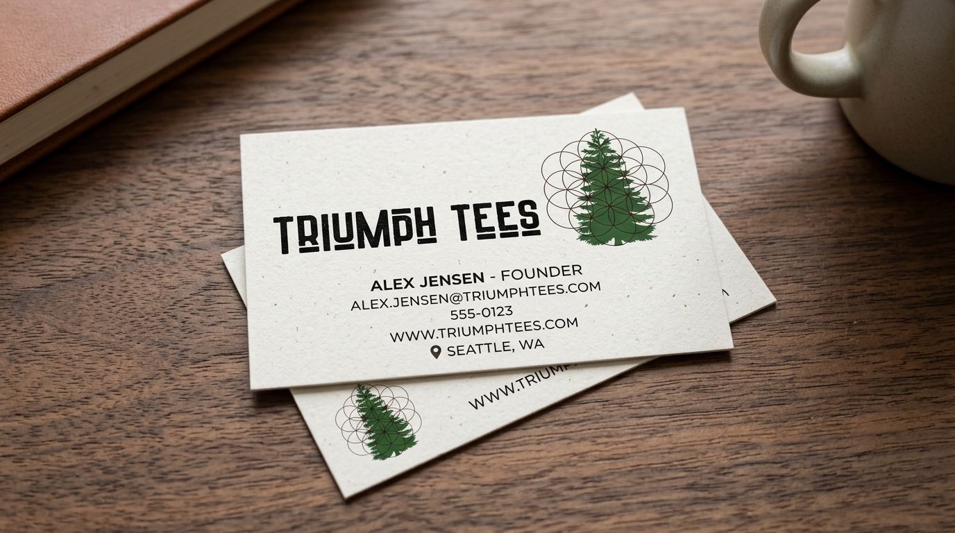 Business cards on a wooden table with green leaf logo and black text, beside a mug and notepad