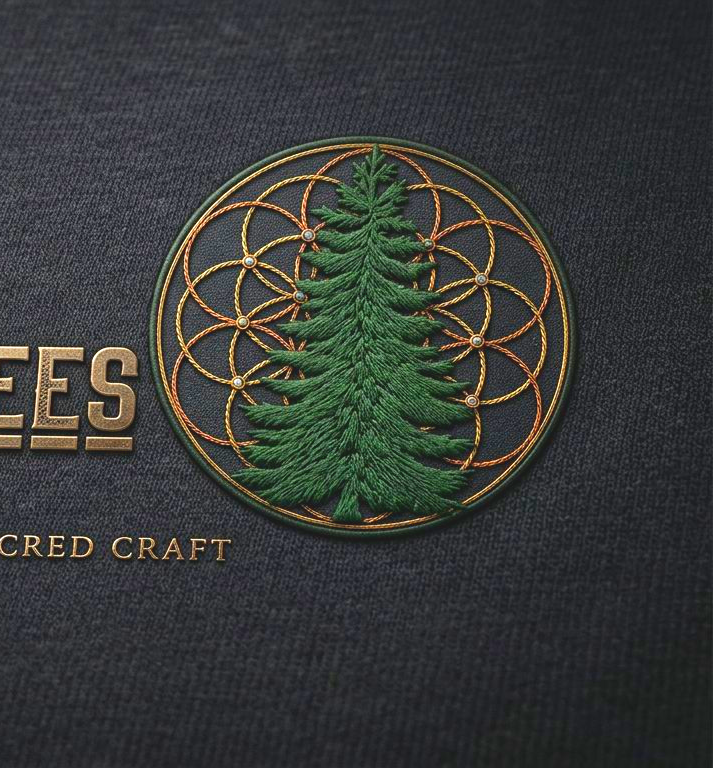 Green pine tree emblem over a gold geometric circle pattern on a dark fabric background