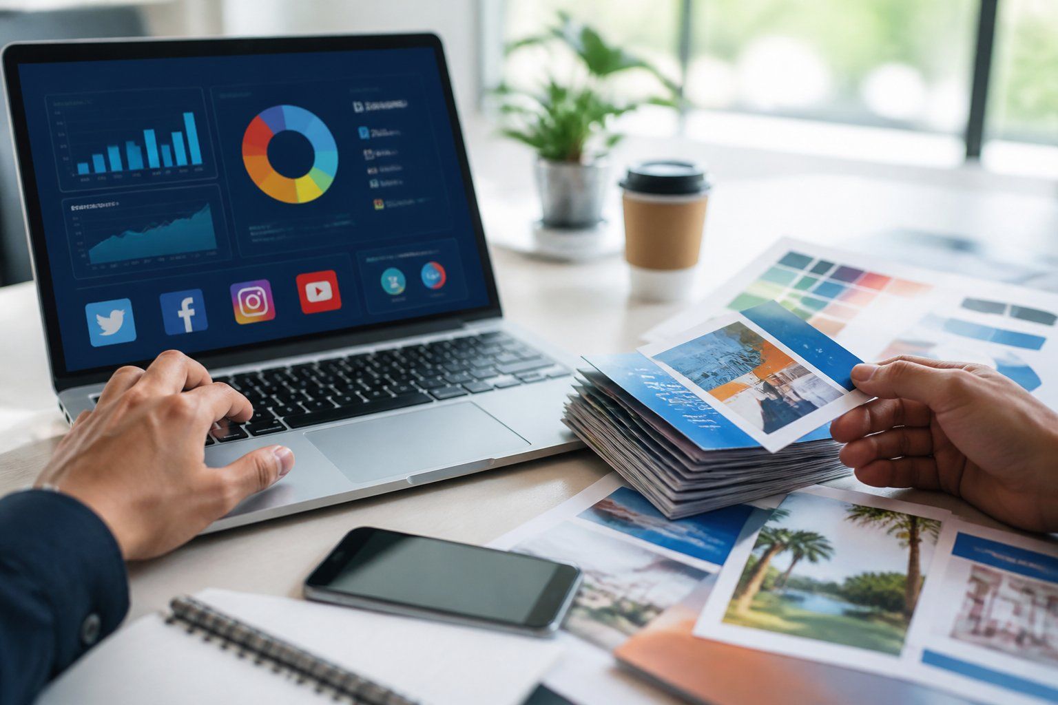 Digital marketing workspace with a laptop showing social media analytics, color palettes, and design