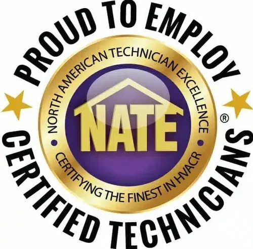 NATE certification badge: gold and purple, text 