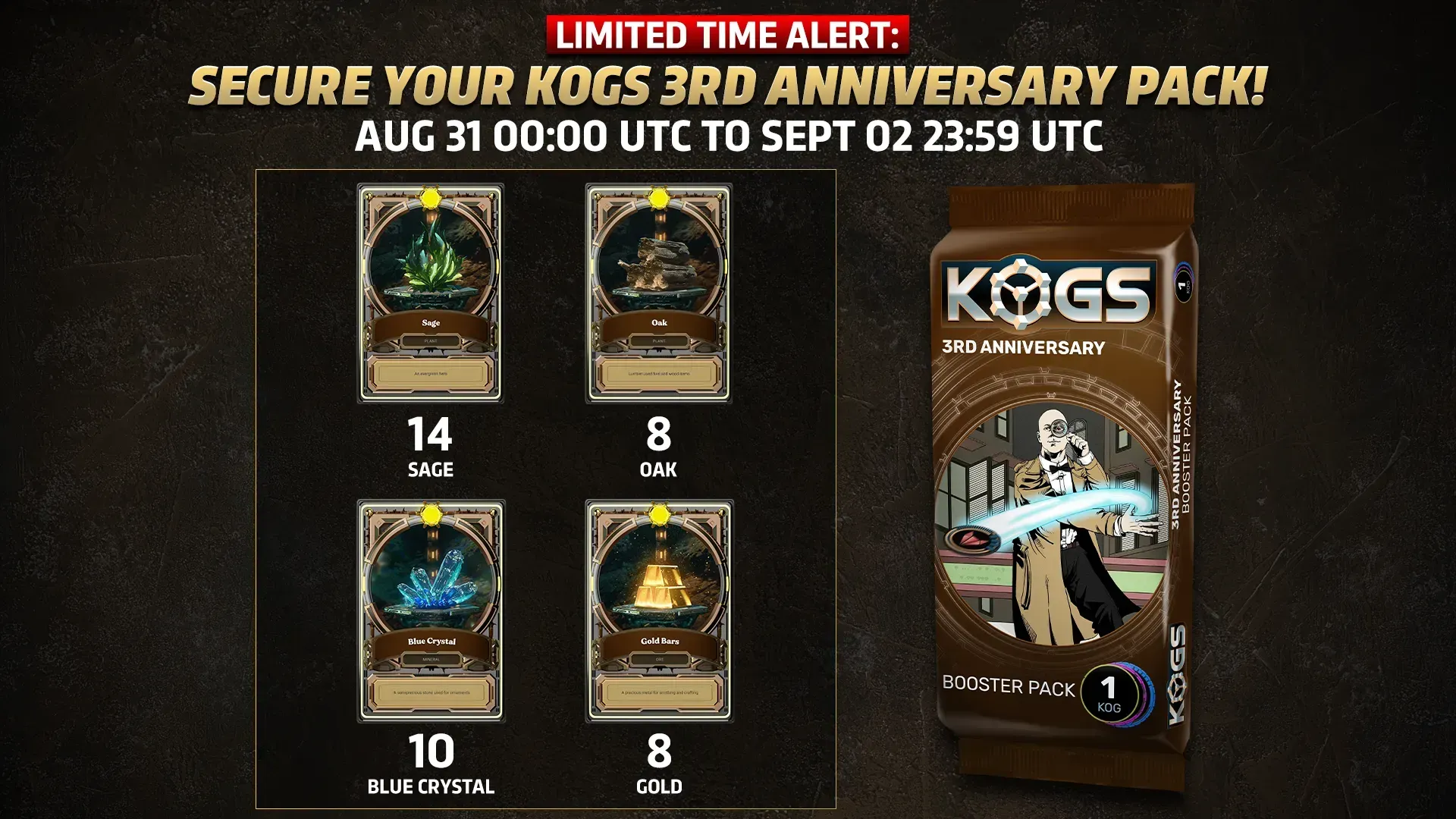 Sage, Oak, Blue Crystal, and Gold elemental materials for crafting in the 3rd anniversary KOGs pack