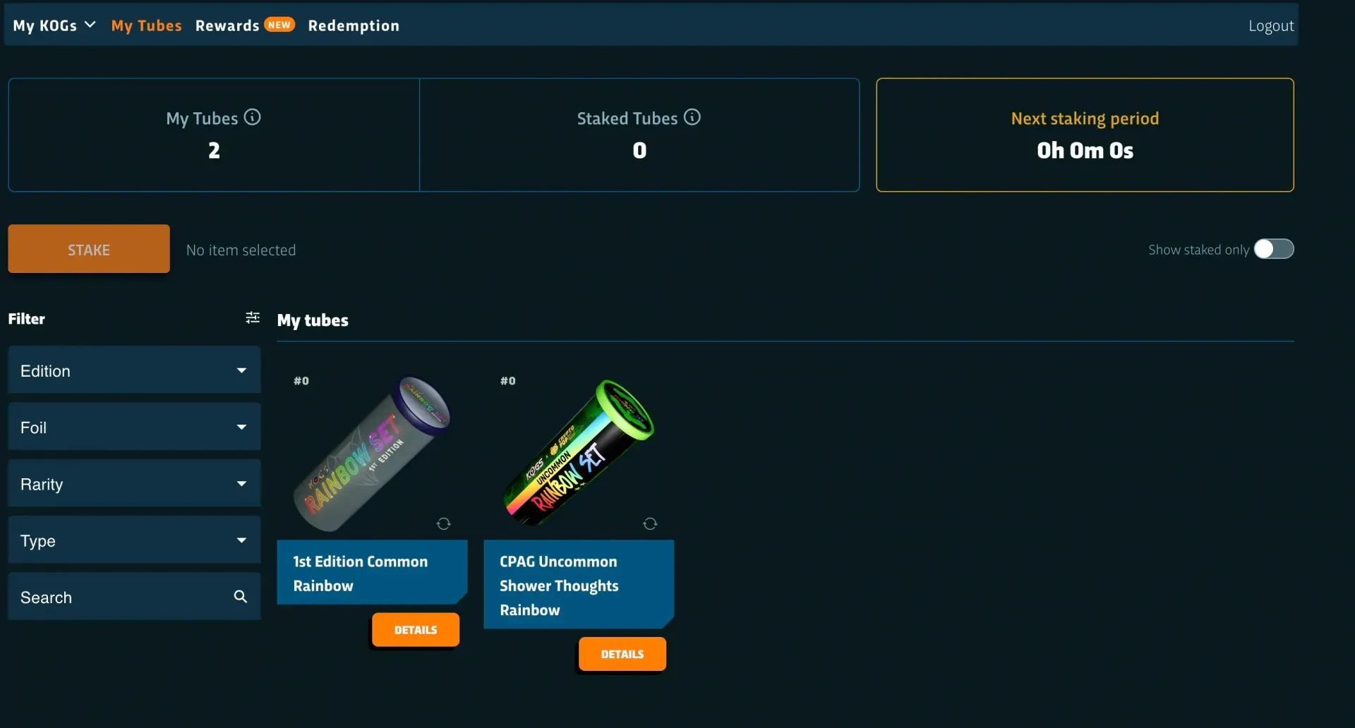 My Tubes stake collections on app.KOGs.gg