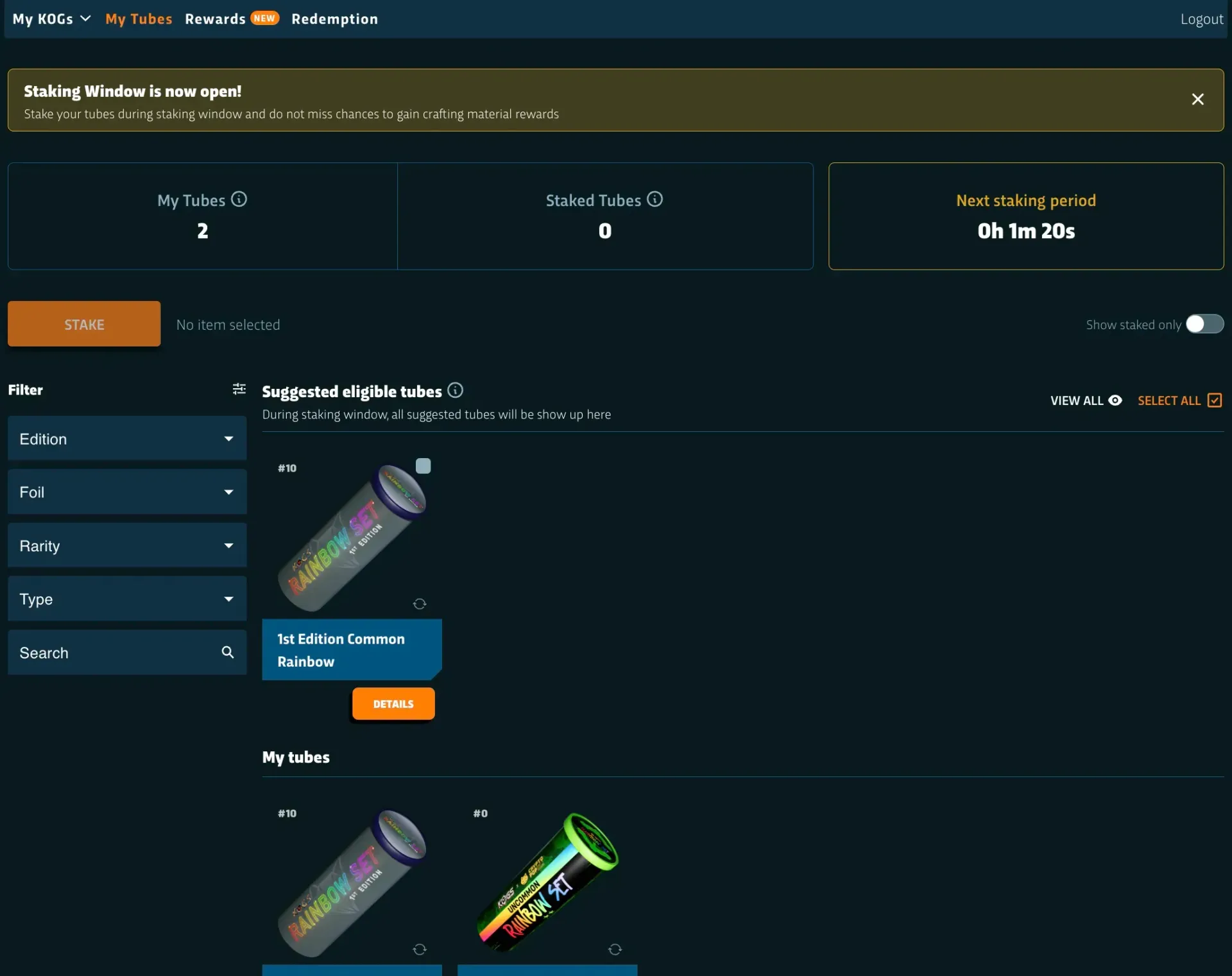 Suggested eligible tubes for staking window open