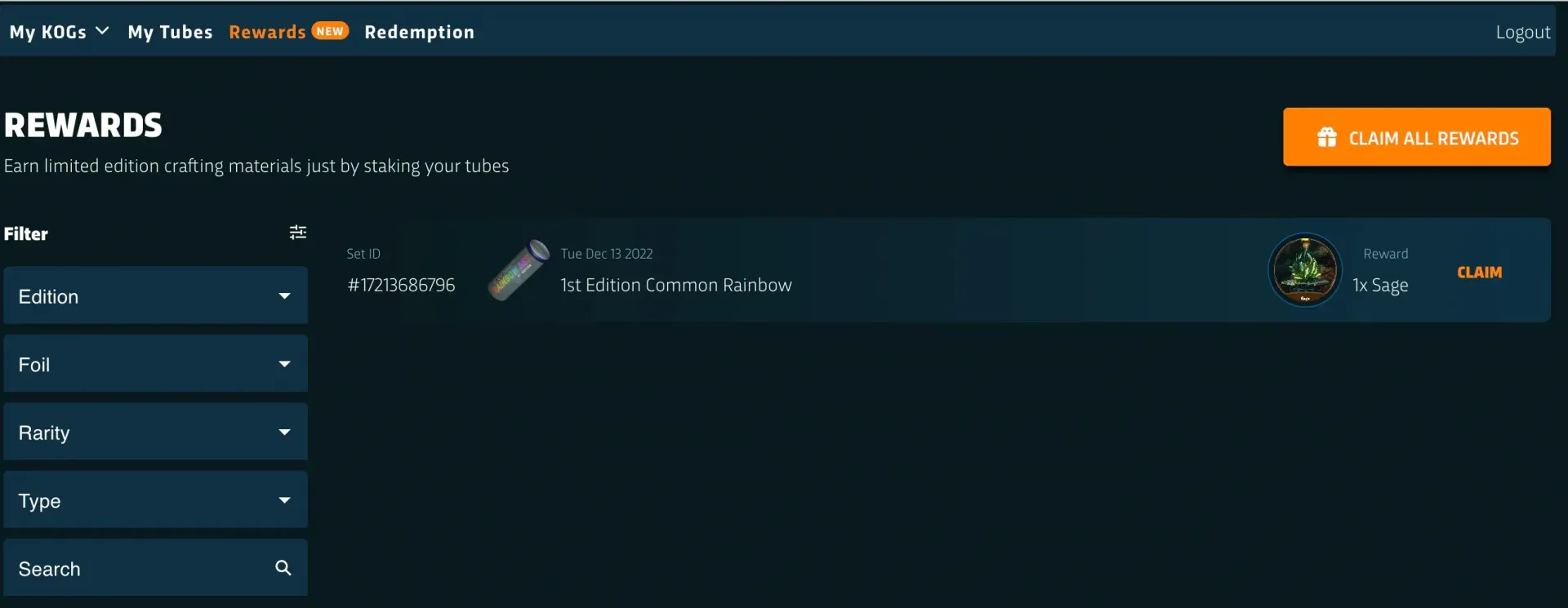 Rewards window: Earn limited edition crafting materials just by staking tubes