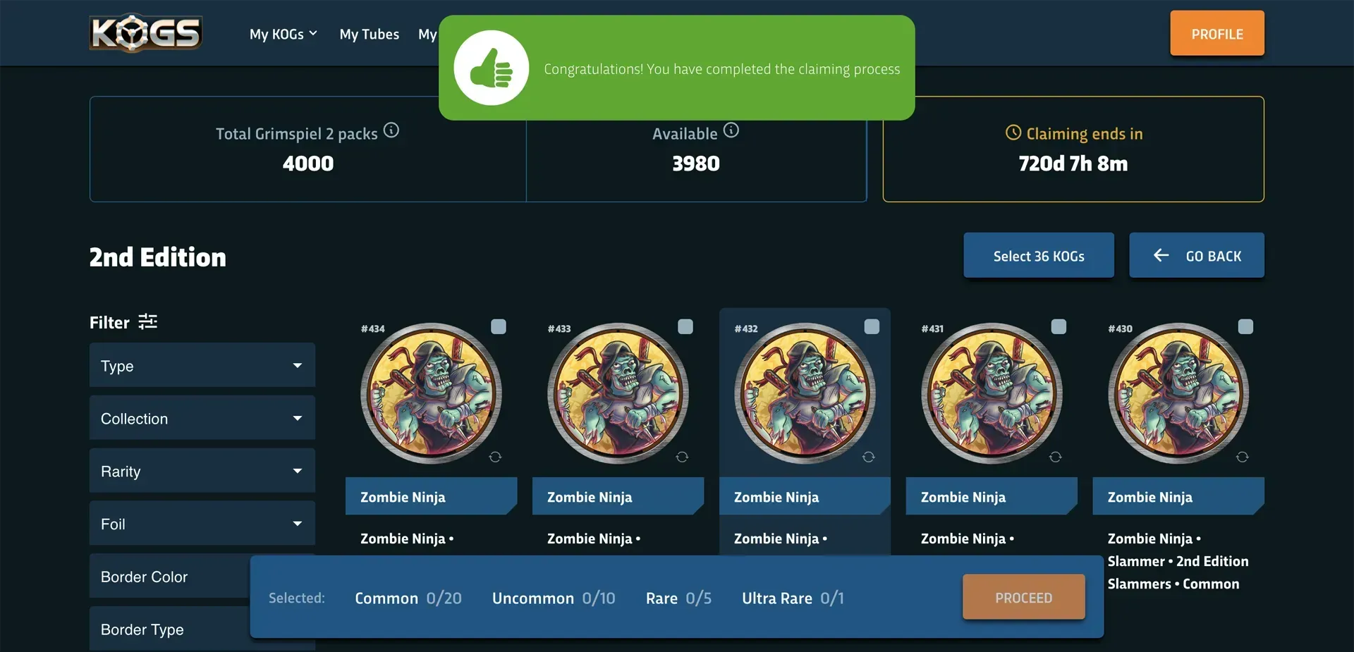 KOGs successfully completed the claiming process of Grimspiel 2 pack redemption