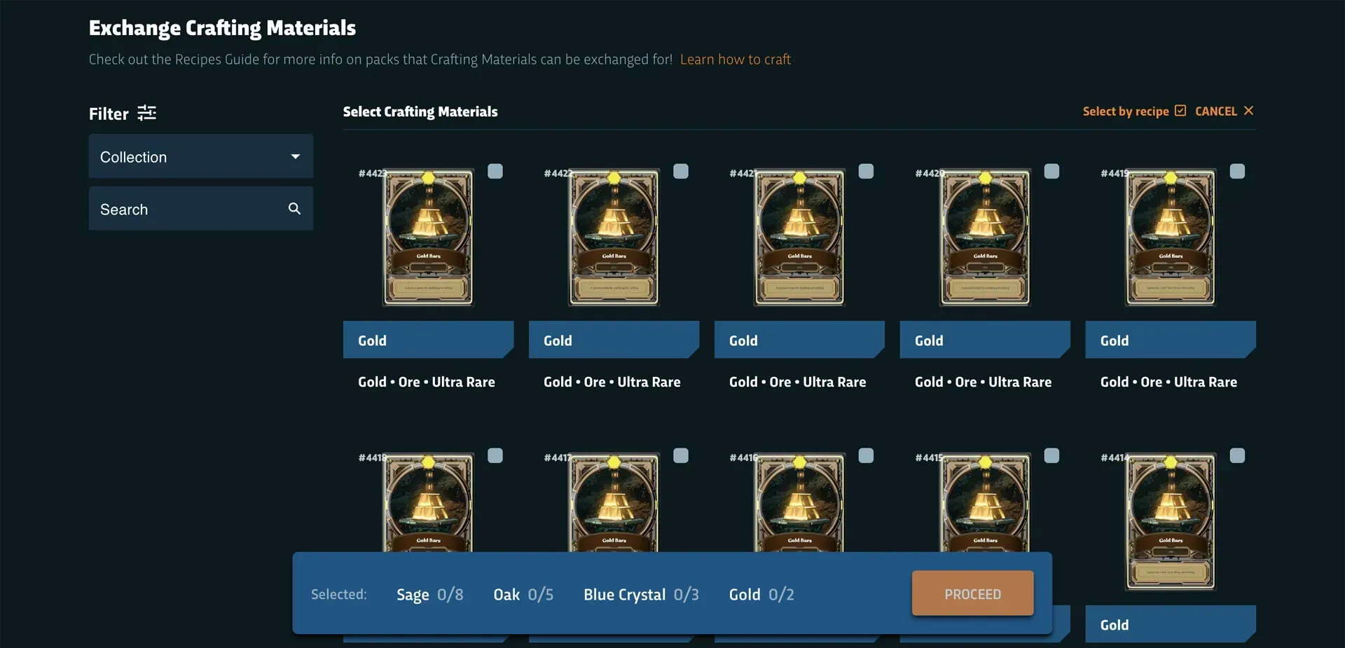 KOGs exchange crafting materials dashboard for Grimspiel 2 packs