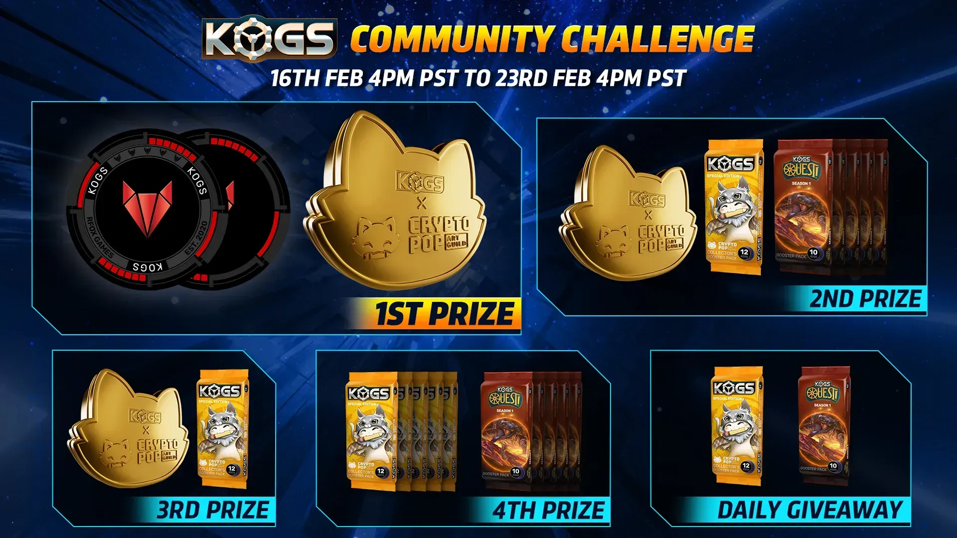 Poster of the KOGs Community Challenge with KOGs and KOGs Quest booster packs