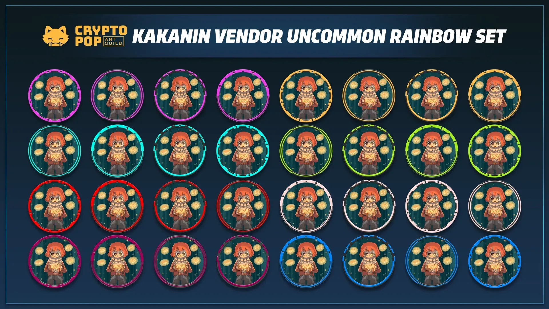 Set of 32 NFT collectible KOGs with a title text CPAG kakanin vendor uncommon rainbow set