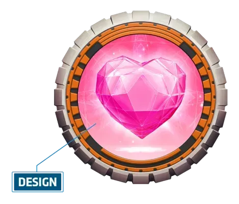 A unique and distinct KOG as NFT collection with text design on lower-left with pink heart crystal in between