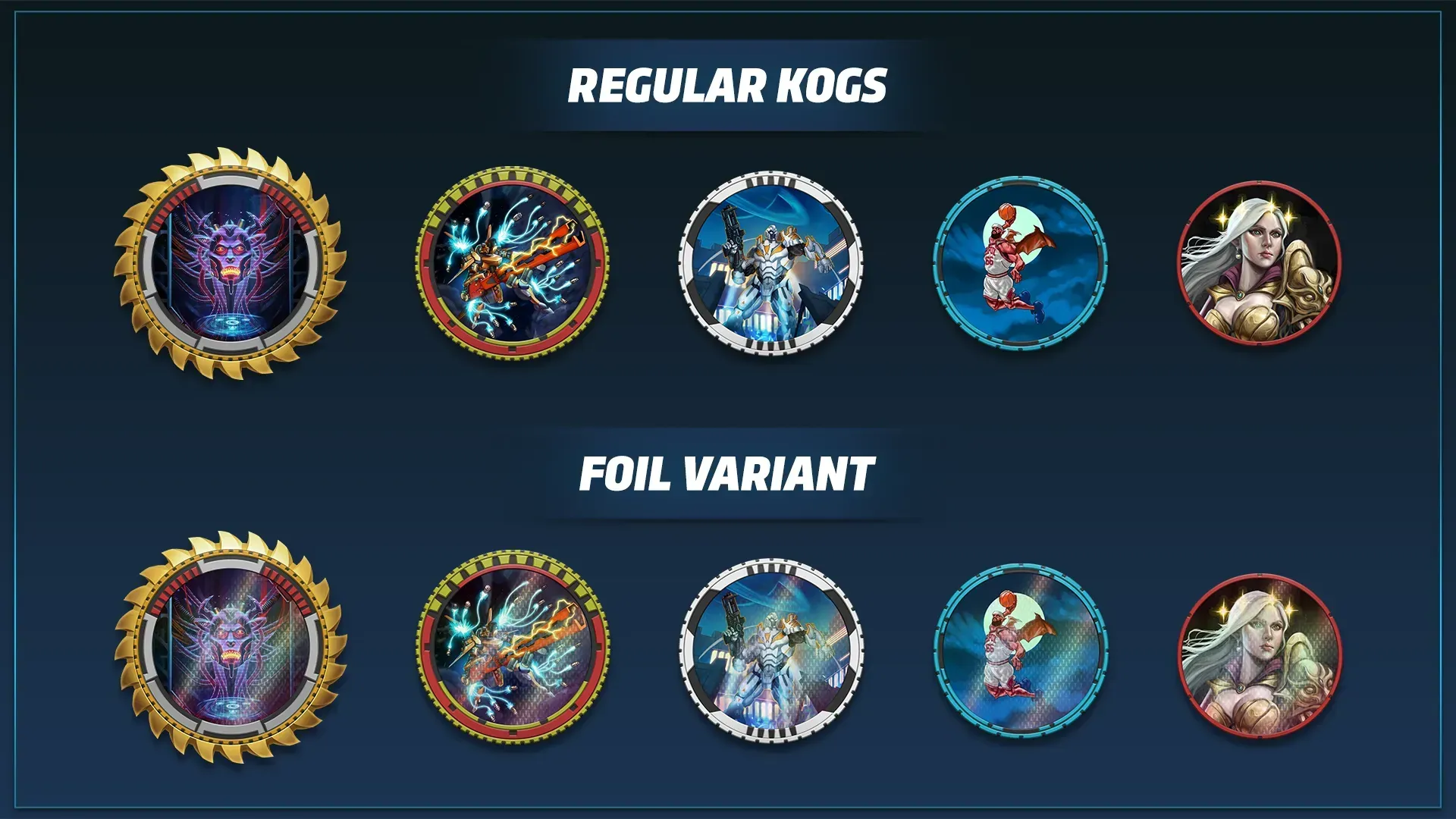 Comparison of Regular KOGs on top versus the unique rare glow of foil variant at the bottom with five set each and same design