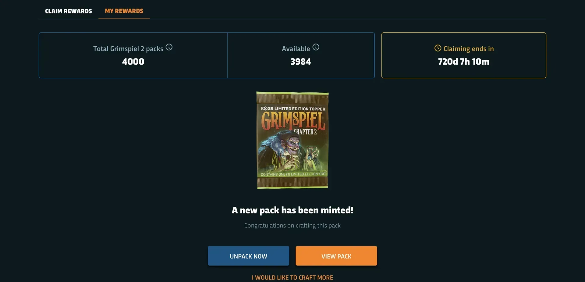KOGs newly minted Grimspiel chapter 2 pack as a reward