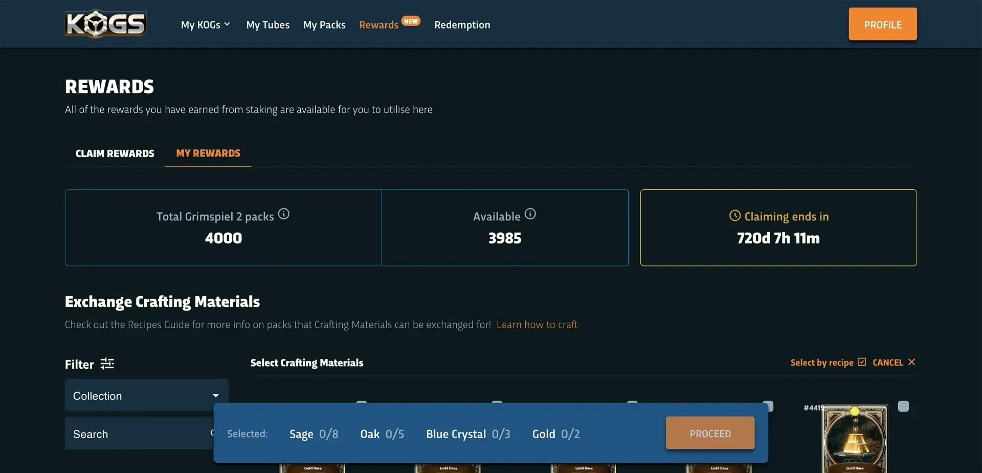 KOGs rewards dashboard for crafting materials of Grimspiel 2 packs